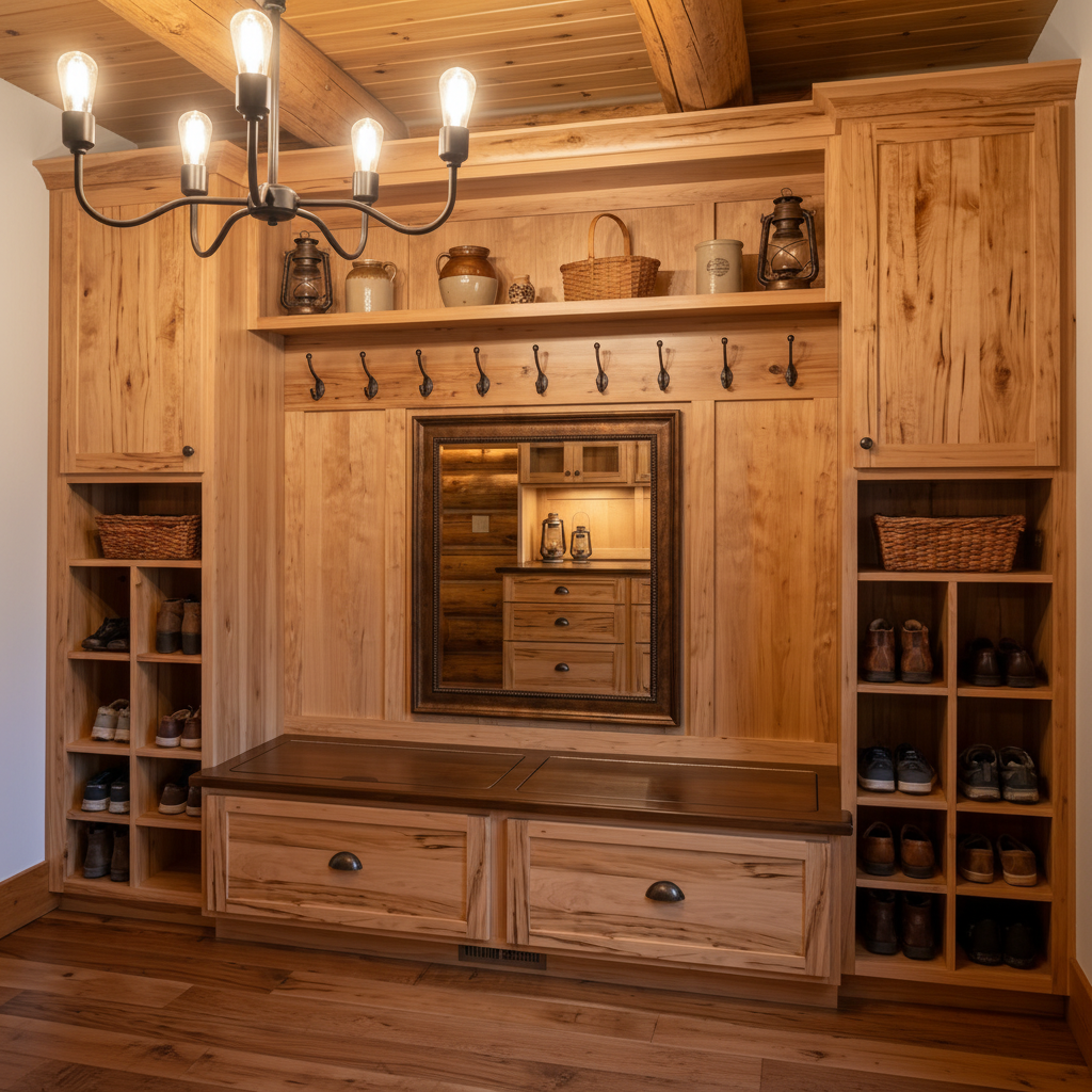 Rustic Wormy Maple Mudroom Built-In