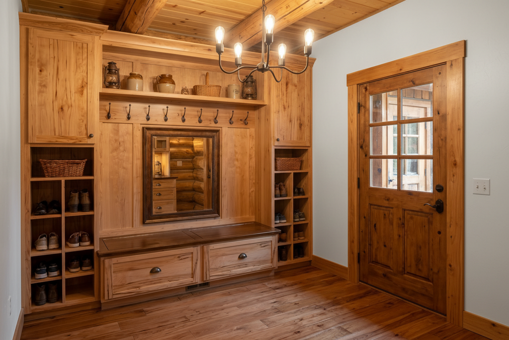 Rustic Wormy Maple Mudroom Built-In